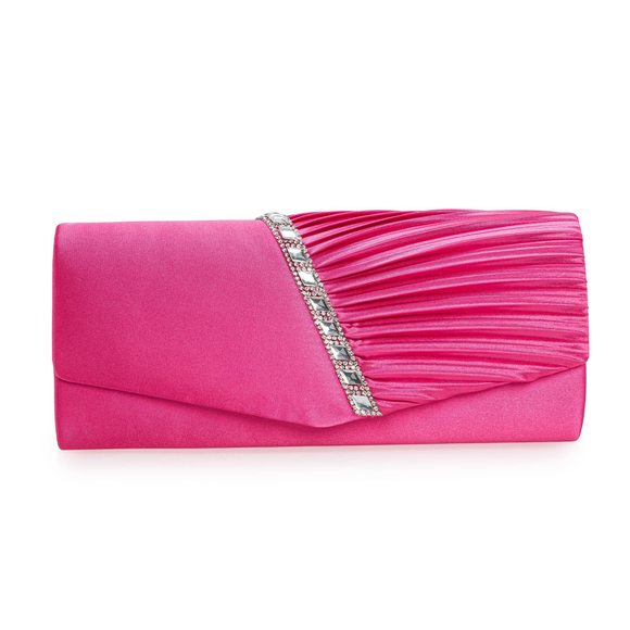 Evening Handbag Crystal Embellished And Pleated Satin Clutch Hot Pink UwU - Picture 1 of 6